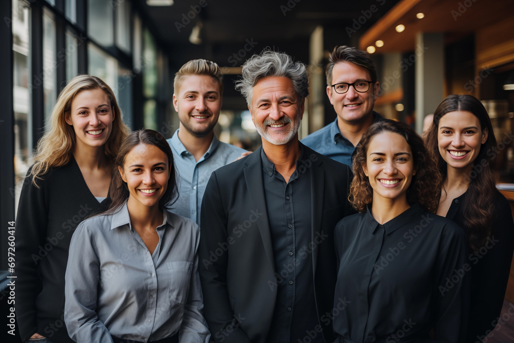 A group of smiling colleague standing together in office A group of smiling colleague standing together in office