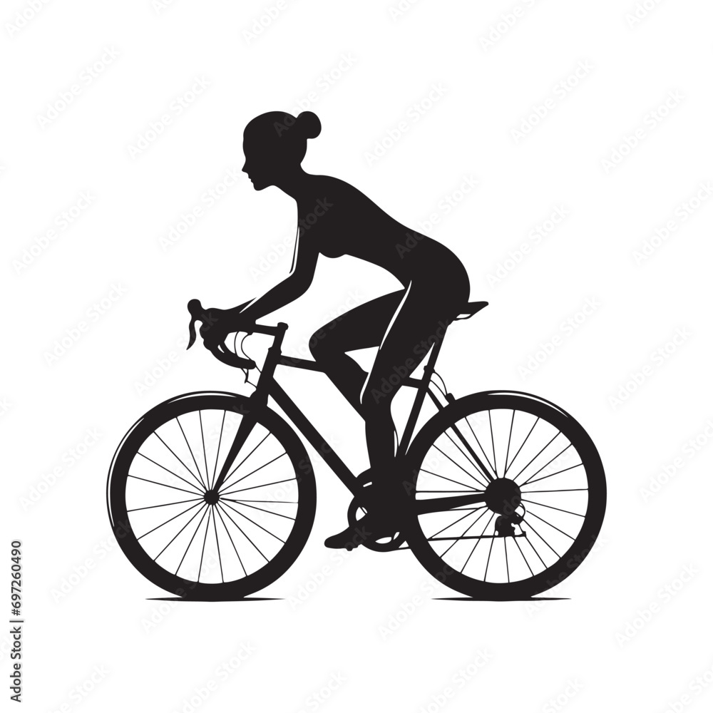 Obraz premium Tranquil Morning Ride: Woman Cycling Silhouette in Peaceful Countryside, Wellness and Nature Connection - Serene Black and White Silhouette of Girl on Bicycle 