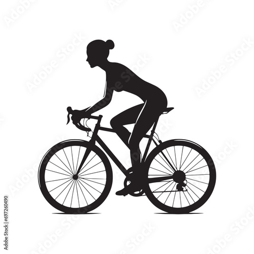 Tranquil Morning Ride: Woman Cycling Silhouette in Peaceful Countryside, Wellness and Nature Connection - Serene Black and White Silhouette of Girl on Bicycle
