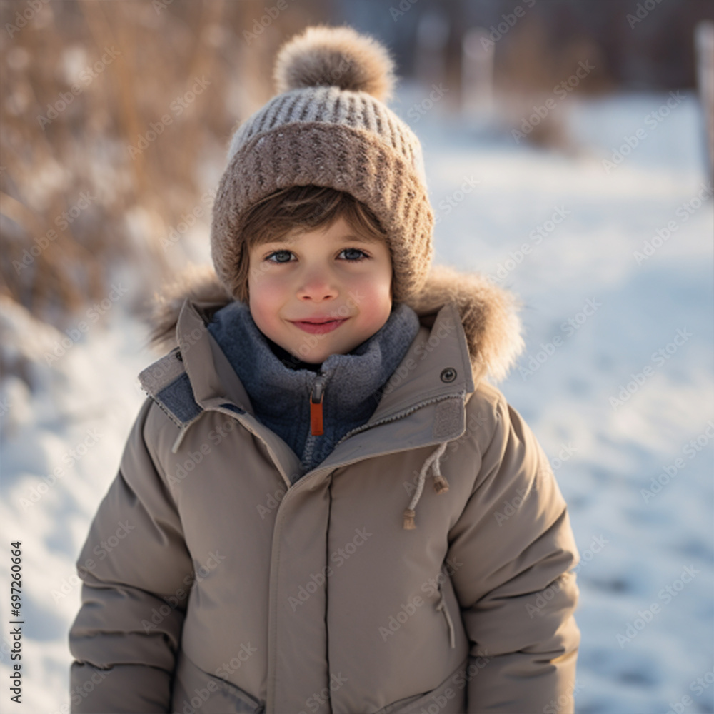 Joyful kid in winterwear looking at camera in natural environment in winter ai technology Joyful kid in winterwear looking at camera in natural environment in winter ai technology