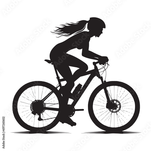 Fitness Adventure: Woman Cycling Silhouette in Mountainous Landscape, Pursuing Wellness and Active Lifestyle - Inspiring Black and White Girl on Bicycle Silhouette
