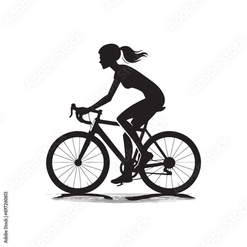 Woman Cycling Silhouette: Joyful Ride in Spring Blossoms, Nature Connection and Outdoor Activity - Delicate Black and White Silhouette of Girl on Bicycle 