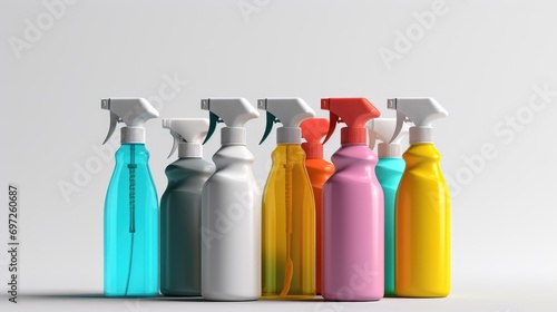 Transform your product presentation with a vibrant array of household cleaning products in colorful plastic bottles.