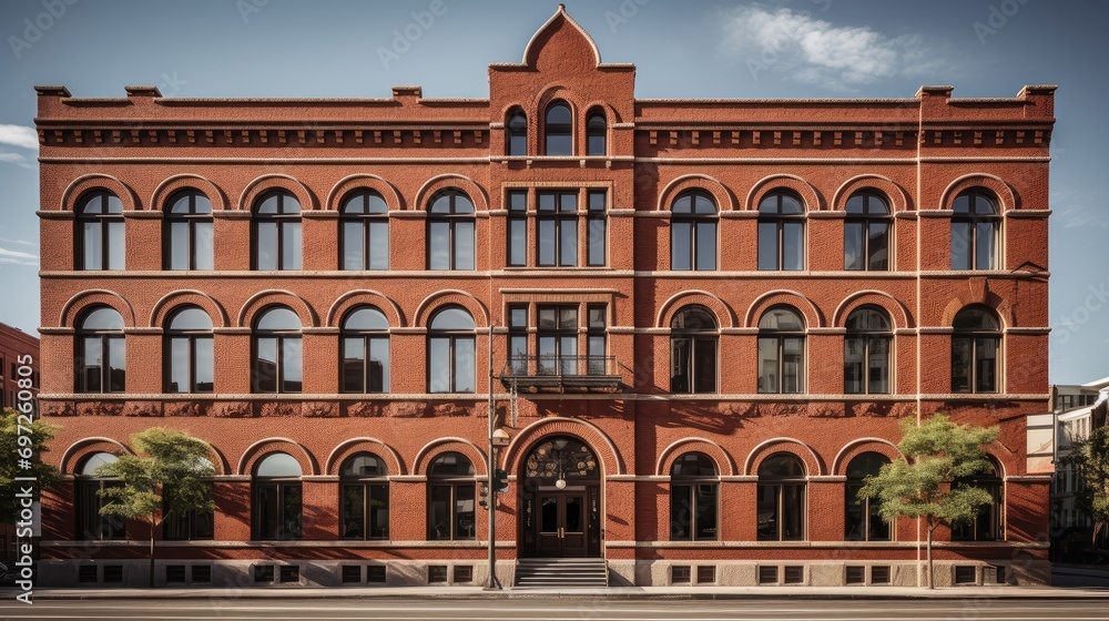 Elevate your projects with the timeless charm of a red brick classic office building façade.