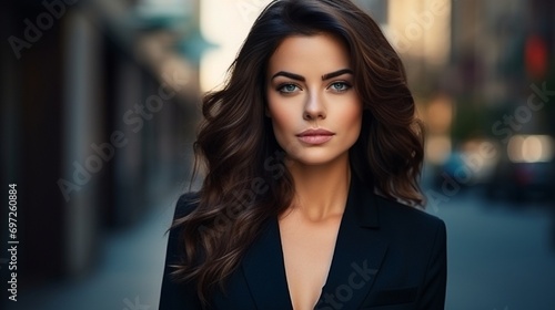 Beautiful business lady in the city. Professional make-up and dark hair. Summer shot