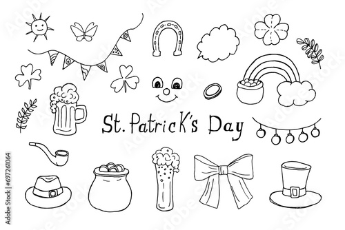 Set of doodle illustrations on St. Patrick's Day. Black and white drawings of beer, clover, rainbows, coins. Isolated vector images on white background.