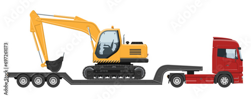 Low-bed semi-trailer truck carrying an excavator. Isolated vector illustration with simple colors without gradients and effects. Construction vehicle concept, view from the side.