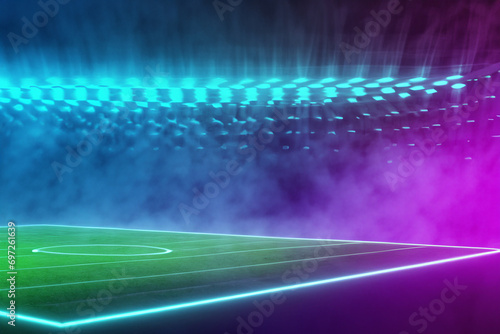 Soccer playing field textured with neon fog - center, midfield. 3D illustration. Champions League colors.