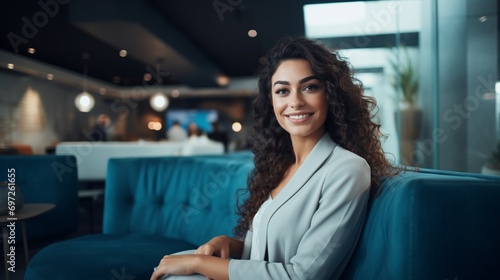 Smiles as she makes connections and cultivates business in an office lounge, a self-assured corporate woman