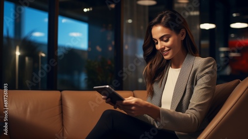Woman in a contemporary workplace lounge, grinning and competently handling activities on her tablet