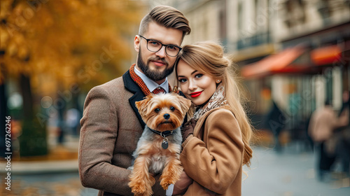 Portrait of beautiful couple in stylish clothes with dog in her arms walking around the city with serious face and hugging a pet.