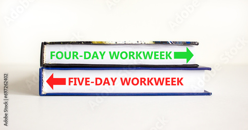 5 or 4 day week symbol. Concept word Five-day workweek or Four-day workweek on beautiful books. Beautiful white table white background. Business and 5 or 4 day week concept. Copy space. photo