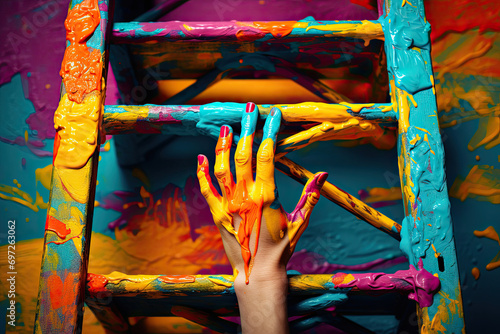 A hand in paint against the background of a ladder and a wall of paint