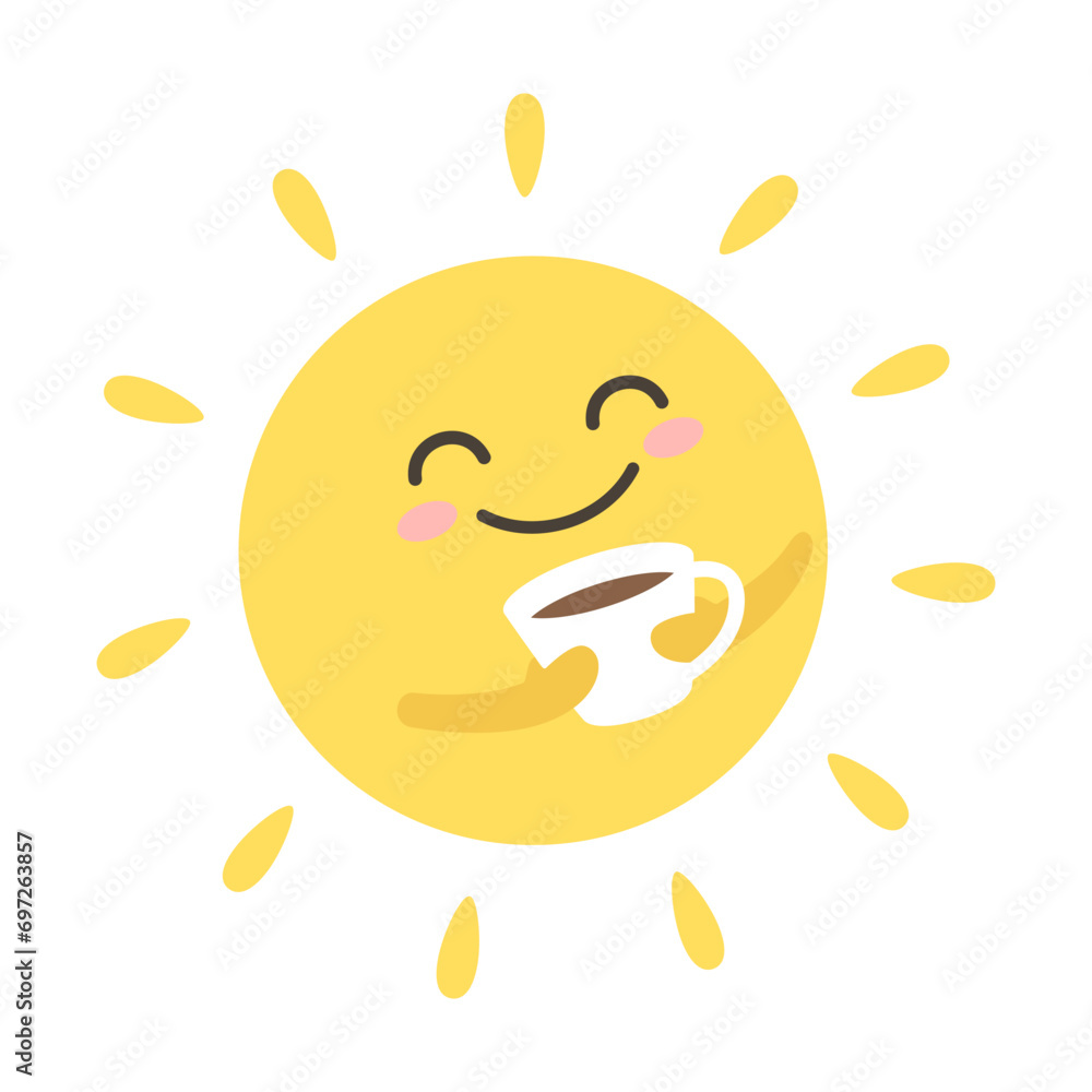 Cute smiling sun character with a cup of tea, coffee, morning illustration Cute smiling sun character with a cup of tea, coffee, morning illustration