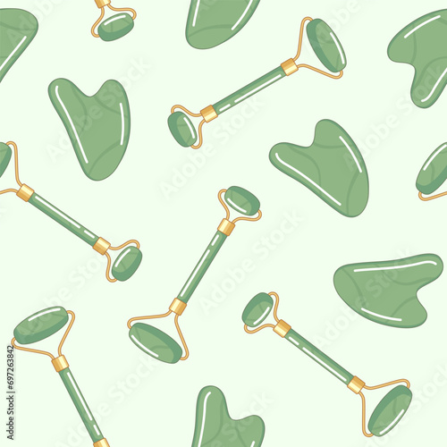 Jade face roller and gua sha tool seamless pattern, background. Massage, face routine, morning care illustration