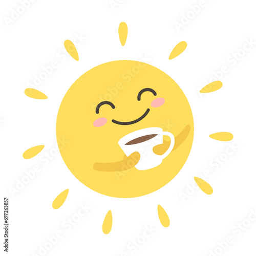 Cute smiling sun character with a cup of tea, coffee, morning illustration