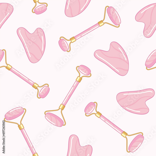 Pink quartz face roller and gua sha tool seamless pattern, background. Massage, face routine, morning care illustration