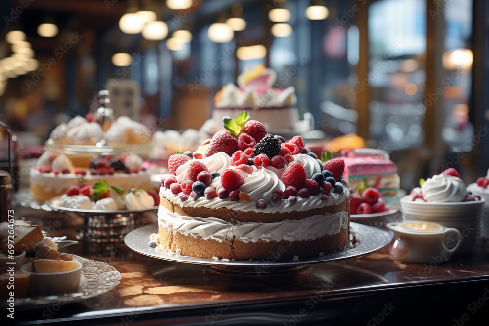 Delicious dessert cake on a plate. Fruit dessert cake. Pastry cake. Pastry making profession. Delicious dessert cake on a plate. Fruit dessert cake. Pastry cake. Pastry making profession.
