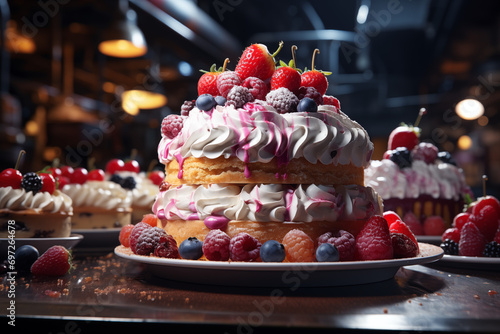 Delicious dessert cake on a plate. Fruit dessert cake. Pastry cake. Pastry making profession.