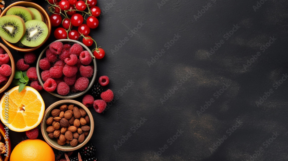 Fruit superfood background on wooden background. Fruit various background. Top view, copy space