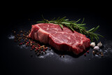 Fresh beef steak on black background. Meat with spices on black