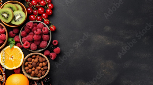 Fruit superfood background on wooden background. Fruit various background. Top view, copy space