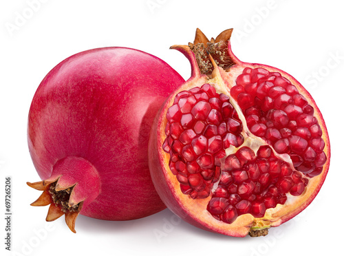 Pomegranate fruit and half of pomegranate isolated on white background.