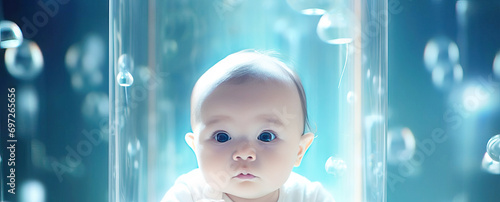 concept idea of baby in test tube, medical research, scientific medical innovation