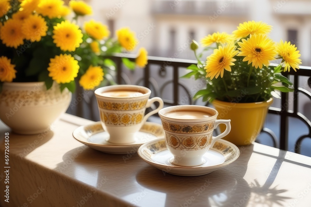 A coffee cup and flowers on a table beside a balcony at sunrise A coffee cup and flowers on a table beside a balcony at sunrise