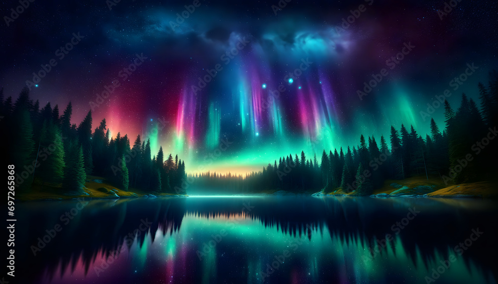 Photorealistic image of aurora borealis over a calm lake and dense forest, reflecting vibrant colors in the water, under a starry sky in a 16x9 format