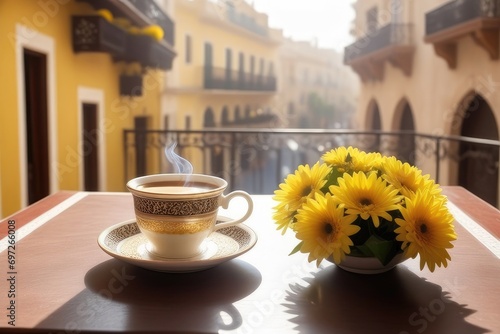 A coffee cup and flowers on a table beside a balcony at sunrise © Thanh