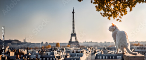 Cat on the rooftops of Paris with the Eiffel Tower in the background. Landscape Paris, France. Banner text space. Paris's view #697266055