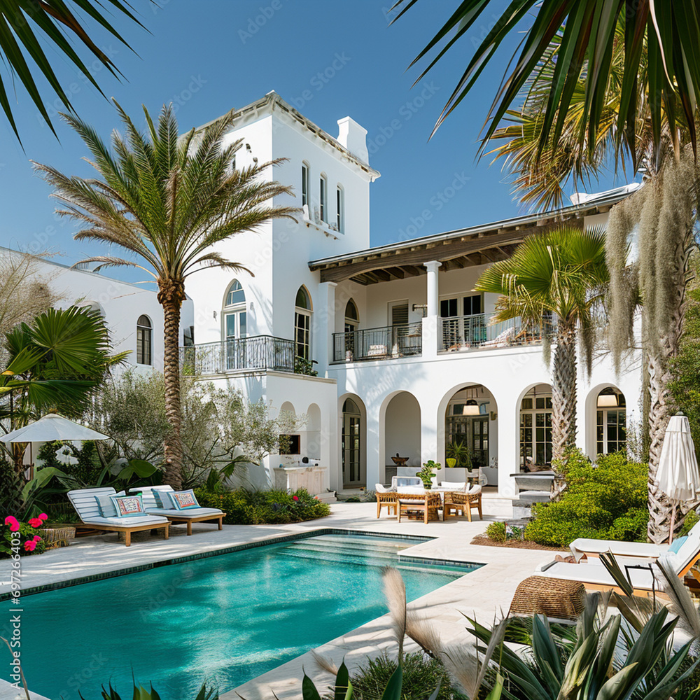 A beautiful and award-winning two story all, white stucco home like in Alys Beach in Florida decorated for Christmas and with a flat roof and large windows