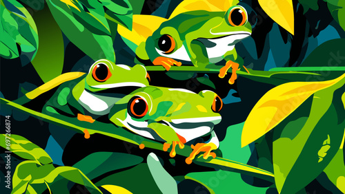 Agile tree frogs on leaves. vektor icon illustation