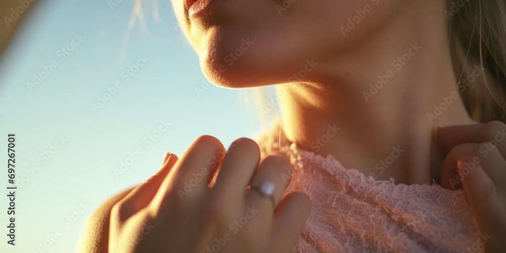 Close-up shot of a woman's hand with a ring on her finger. Perfect for wedding and engagement themes - obrazy, fototapety, plakaty 