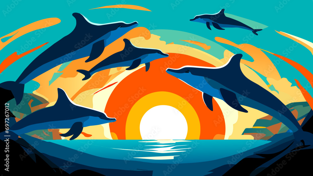 Obraz premium A pod of dolphins leaping in unison. vektor icon illustation