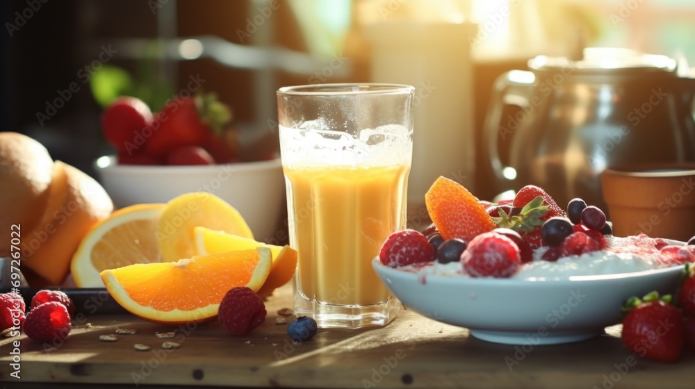 A table setting with a bowl of fresh, colorful fruit and a refreshing glass of orange juice. Perfect for a healthy breakfast or brunch A table setting with a bowl of fresh, colorful fruit and a refreshing glass of orange juice. Perfect for a healthy breakfast or brunch