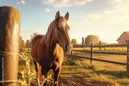 A brown horse standing next to a wooden fence. Suitable for equestrian-themed designs and farm-related projects