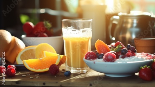 A table setting with a bowl of fresh, colorful fruit and a refreshing glass of orange juice. Perfect for a healthy breakfast or brunch