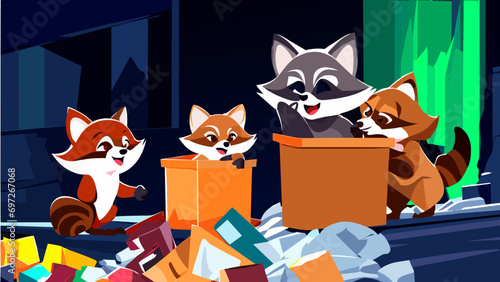 Raccoon family rummaging through trash. vektor icon illustation