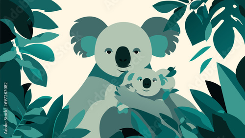 A mother and baby koala in eucalyptus. vektor icon illustation