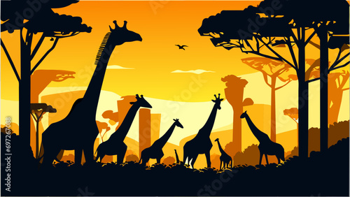 Group of giraffes grazing on tall trees. vektor icon illustation
