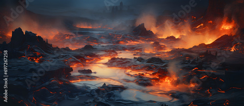 Dramatic volcanic landscape with flowing lava and billowing smoke under a dark sky