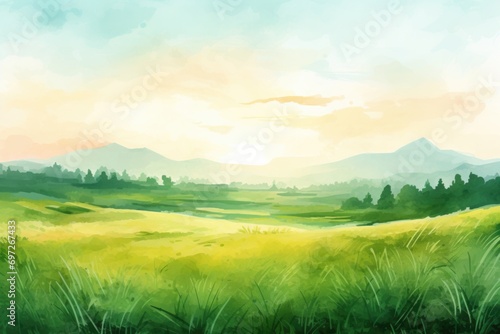 A beautiful painting of a green field with majestic mountains in the background. Perfect for nature enthusiasts and landscape lovers