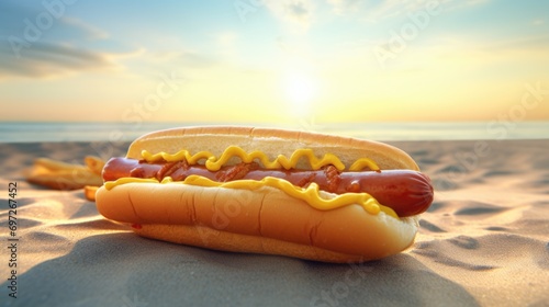 A delicious hot dog with mustard and ketchup, perfect for a beach picnic