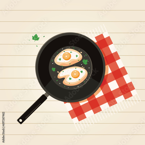 Healthy breakfast, еggs in a pan with parsley vector illustration. Broken fried egg on a frying pan. 