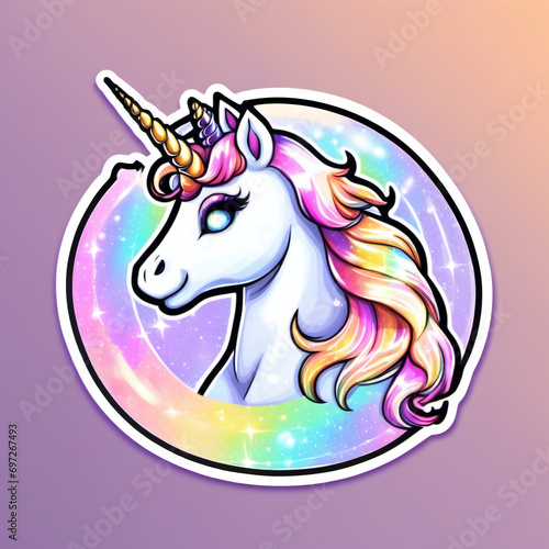 Cute cartoon magic unicorn sticker pack for kids. Sticker, label, badge, style of soft holographic iridescence, sticker, soft toffee colors reflective, rounded, high quality, sticker print.