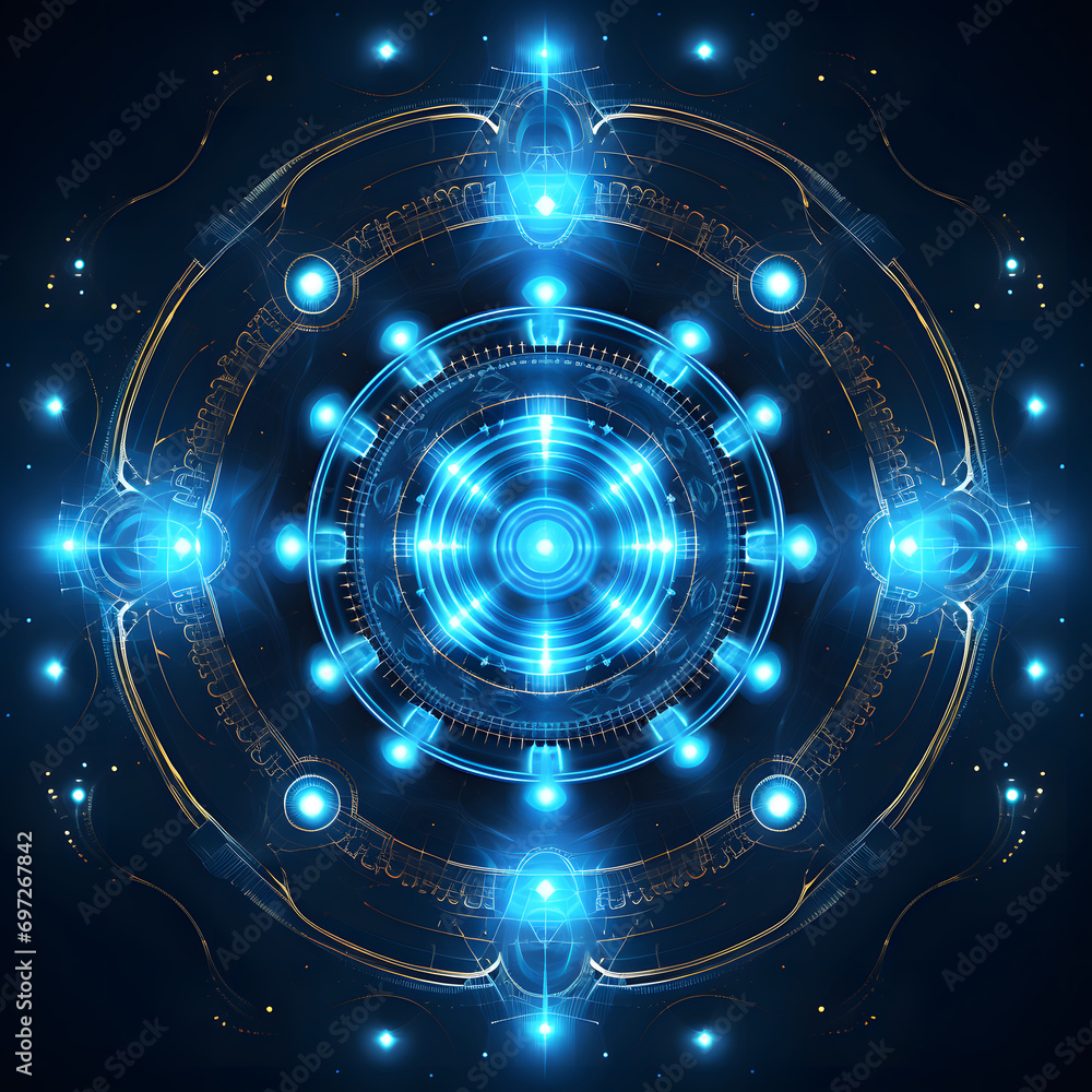 Fototapeta premium Cosmic cyber mandala composed from blue virtual energy lines