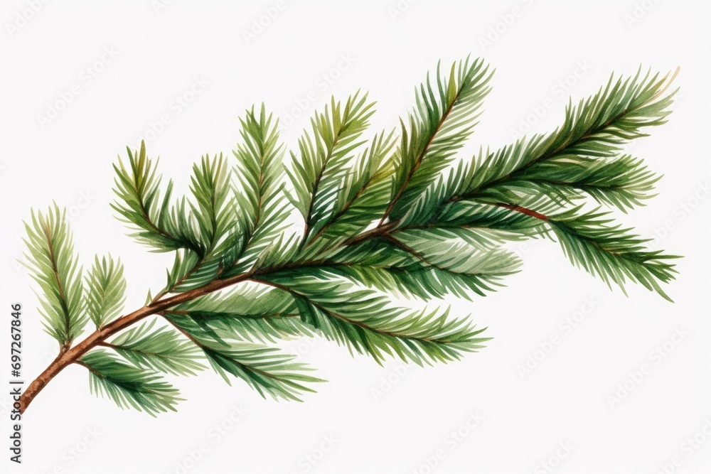 Obraz premium A beautiful watercolor painting of a pine tree branch. This artwork captures the intricate details and vibrant colors of the branch, creating a serene and nature-inspired piece.