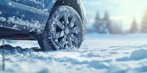 A close up view of a car covered in snow. This image can be used to depict winter weather conditions or as a background for automotive-related content © Fotograf